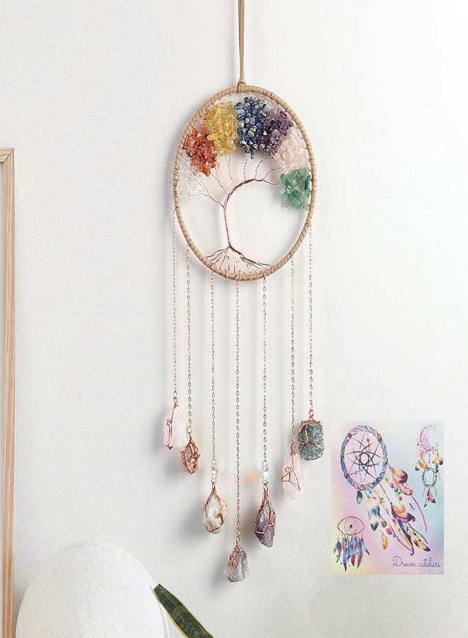 Dreamsum 7 Chakra Wind Chimes Raw Stone Tree of Life Dream Catchers Hanging Ornament Natural Crystal Wind Chime for Home Garden Decoration(Gold) - Image 1